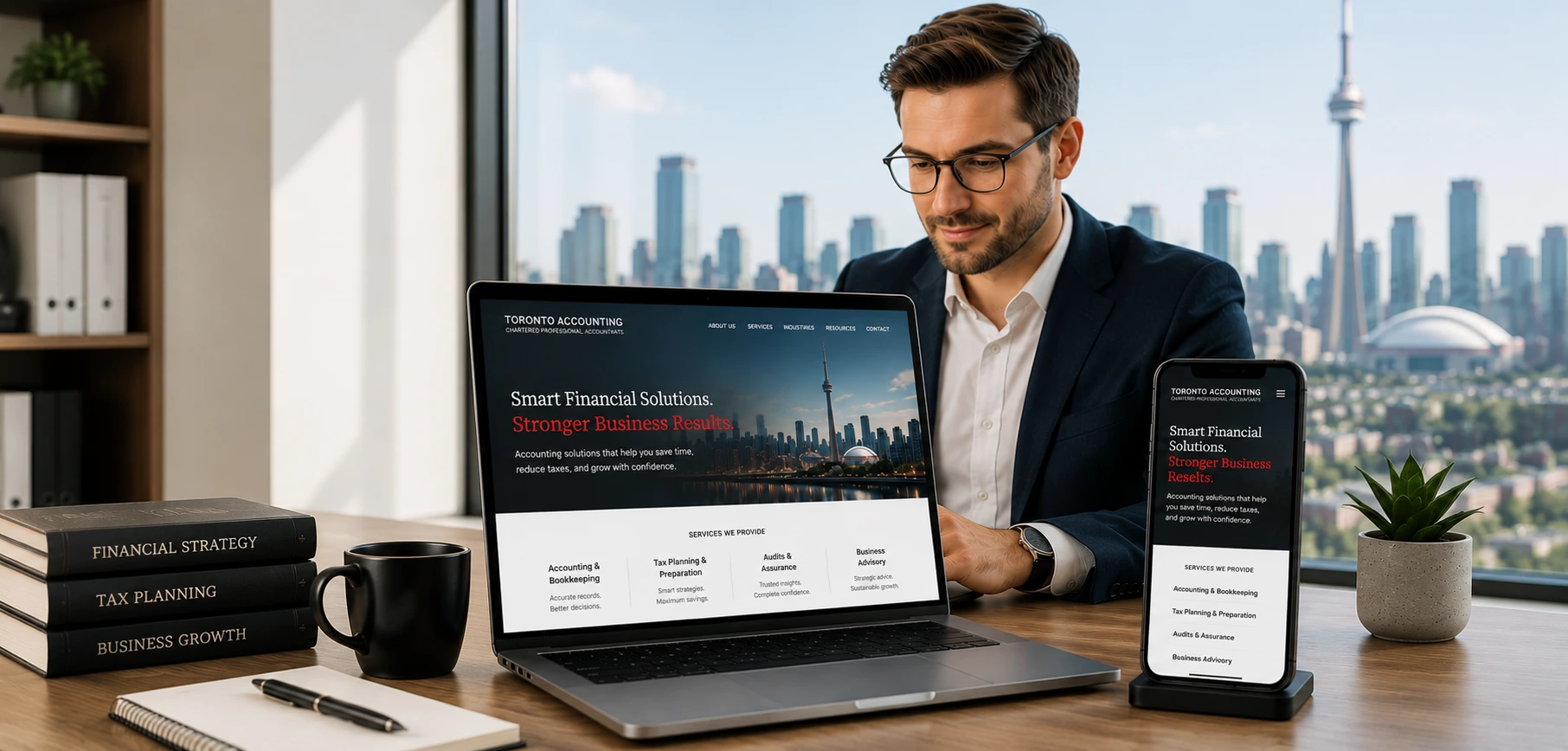 Professional Toronto accountant in business attire reviewing accounting website on laptop and phone with CN Tower skyline