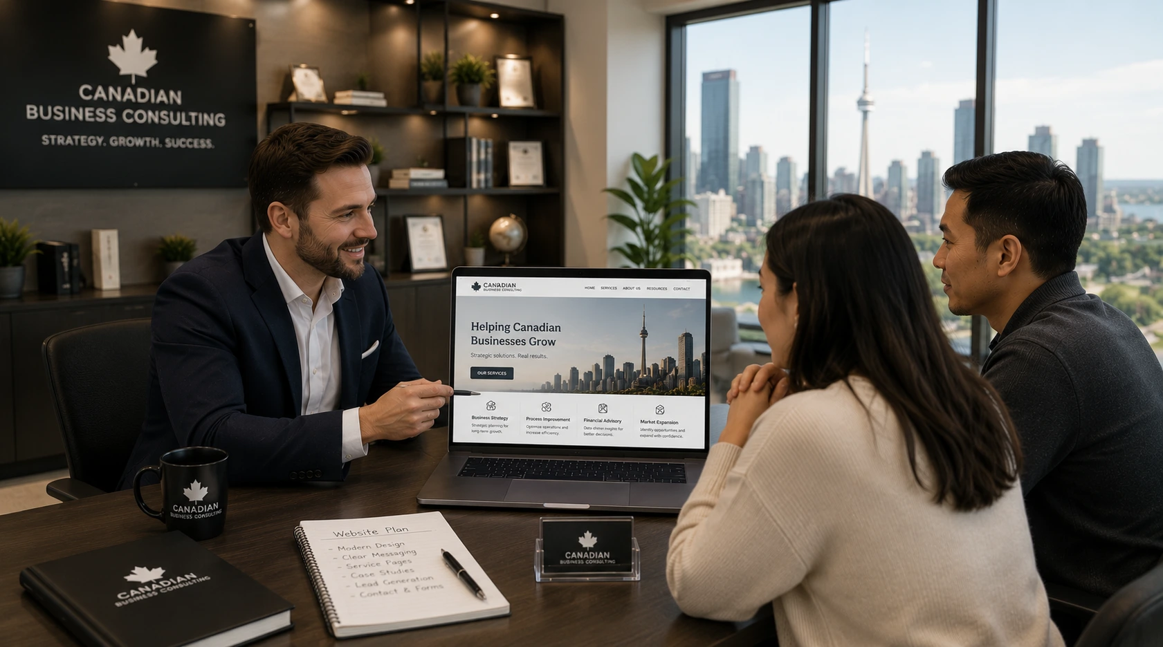 Professional Toronto consultant presenting business consulting website to clients in high-rise office with CN Tower skyline