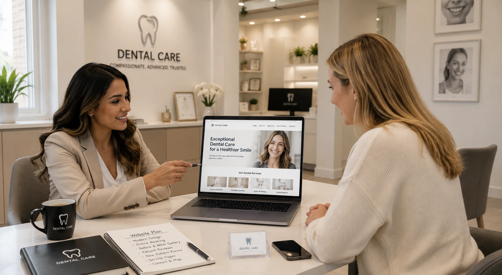 Professional Toronto female dentist presenting dental website to patient in modern, welcoming dental clinic