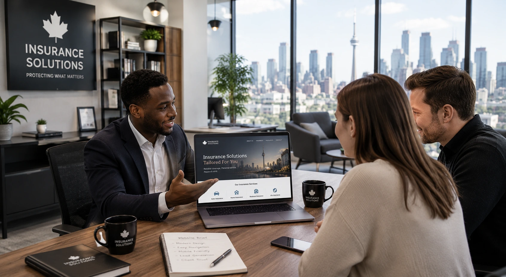 Professional Toronto insurance broker presenting insurance solutions website to clients in modern office with CN Tower skyline