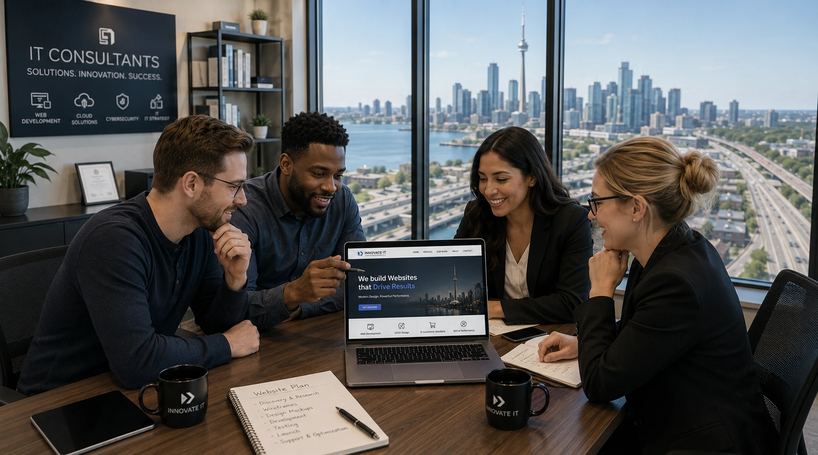 Professional Toronto IT consultants team reviewing web design on laptop with CN Tower skyline