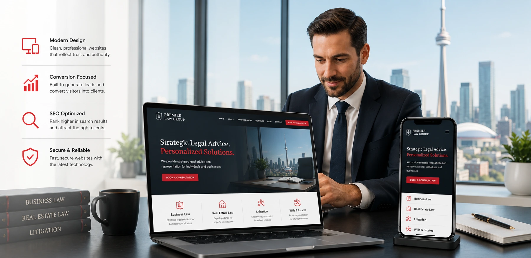 Professional Toronto lawyer reviewing law firm website on laptop and phone with CN Tower skyline