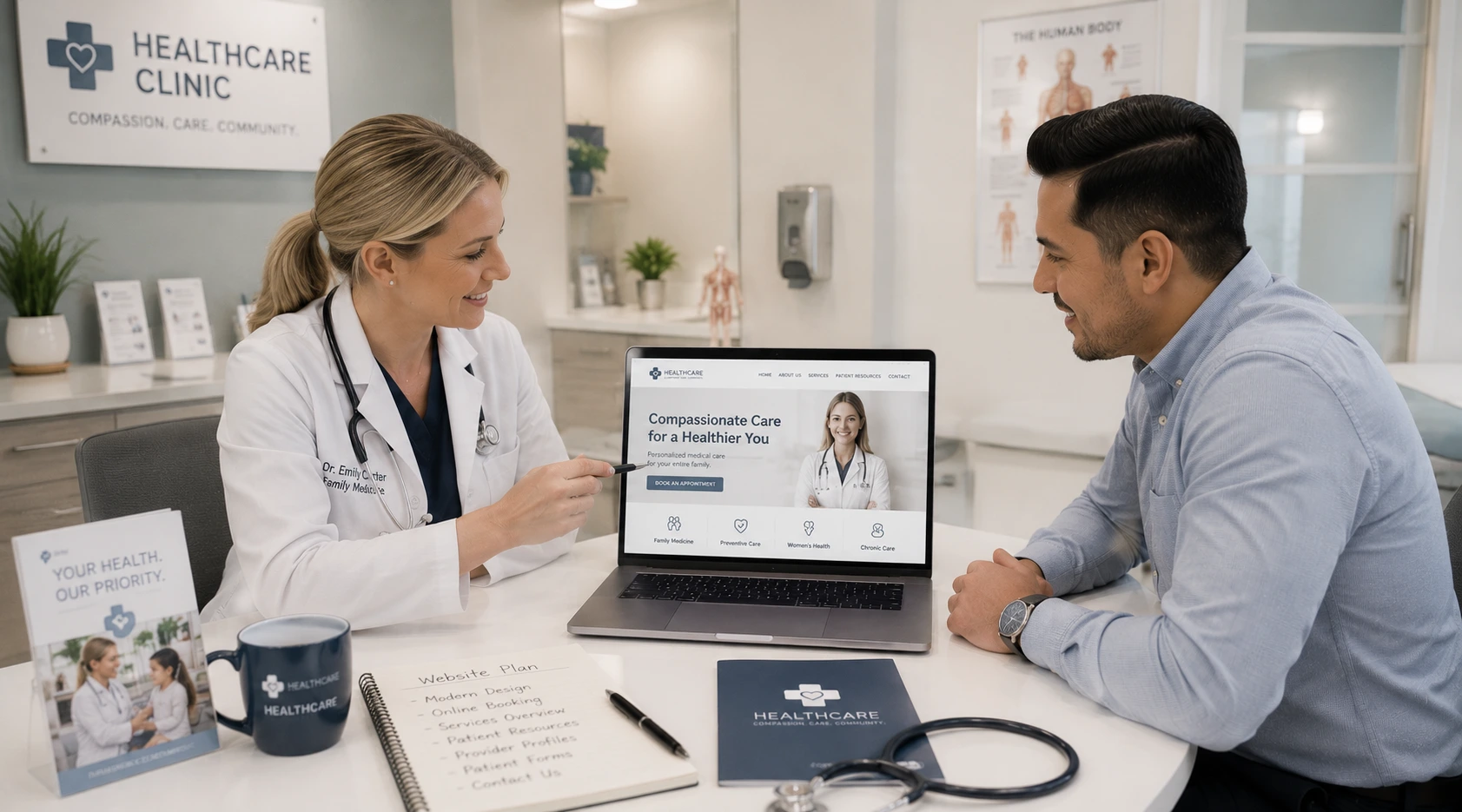 Toronto medical clinic doctor presenting healthcare website to patient with CN Tower view