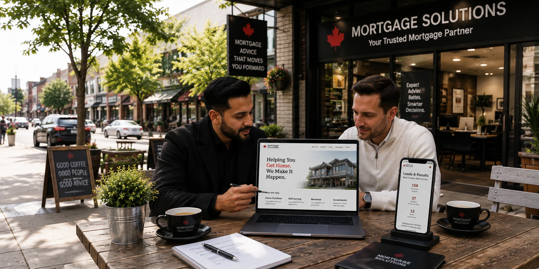 Professional Toronto mortgage brokers reviewing mortgage website on laptop and phone at outdoor cafe