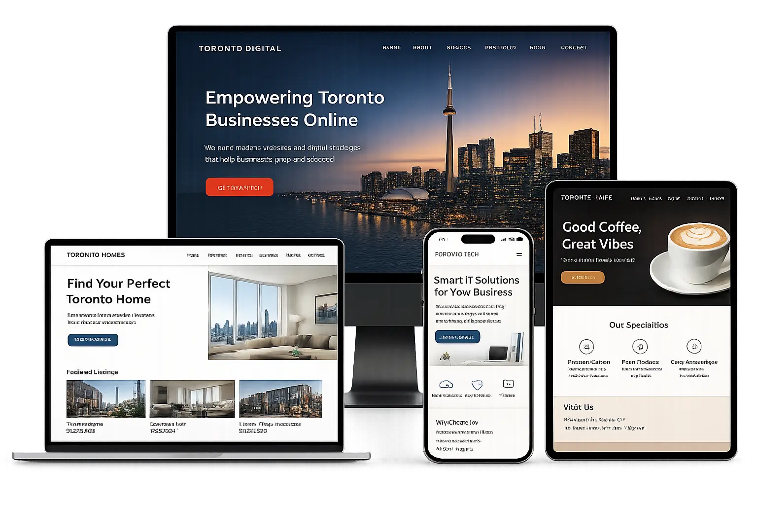 Examples of professional dental clinic websites built by our Toronto web design team across desktop, laptop, mobile and tablet