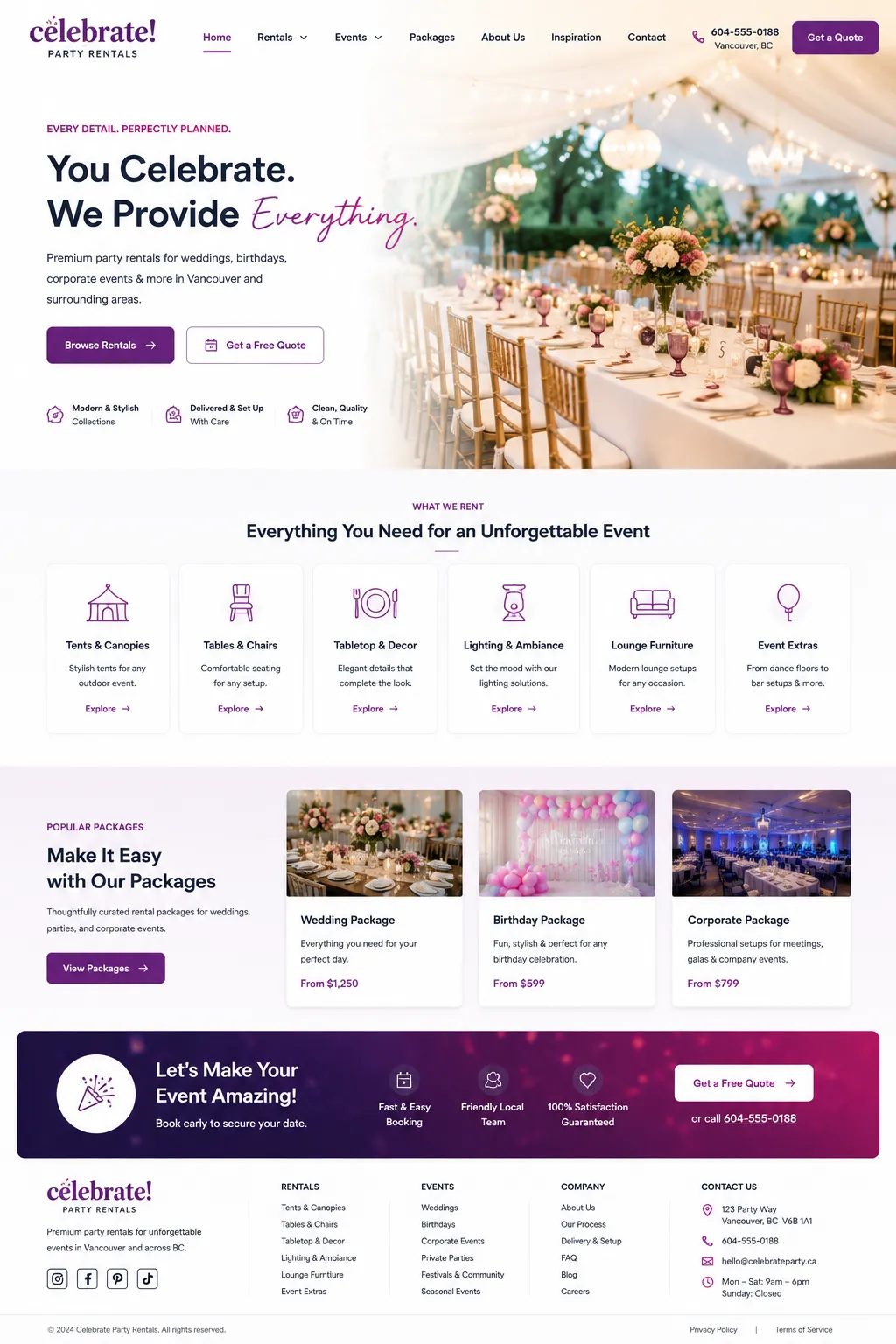 Celebrate Party Rentals website mockup