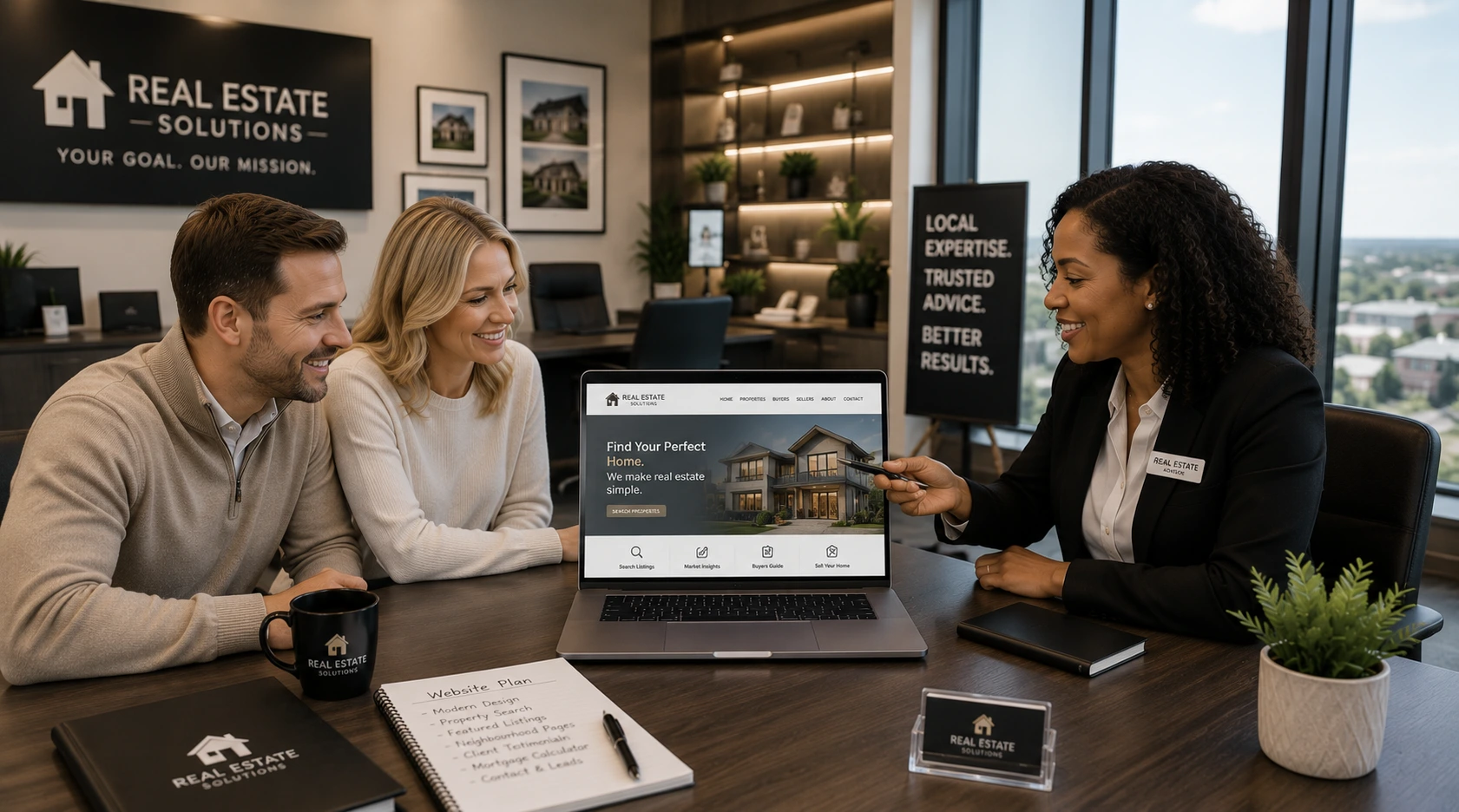 Professional Toronto real estate agent showing property website to clients in modern office with Toronto skyline