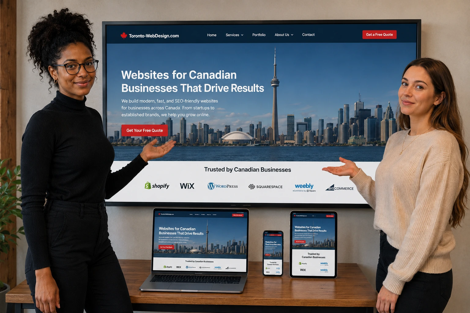 Web design showcase with women presenting website mockup and Toronto skyline