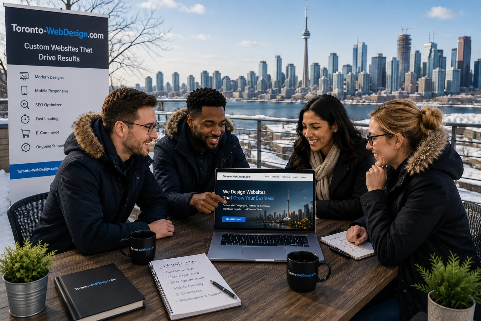 Toronto web design team reviewing custom websites on laptop with CN Tower and Toronto skyline